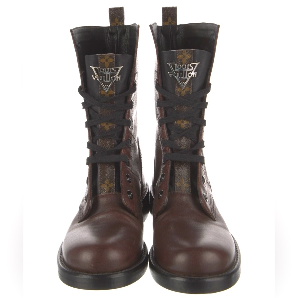 Rare LOUIS VUITTON Brown Leather Metropolis Flat Ranger LV Monogram Combat Boots